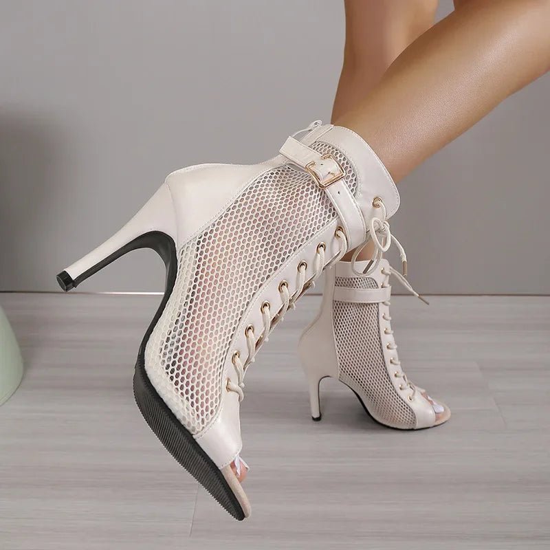 2025 Mesh Summer Ankle Boots High Heels Women Black White Shoes - Street Savage Culture2025 Mesh Summer Ankle Boots High Heels Women Black White Shoes