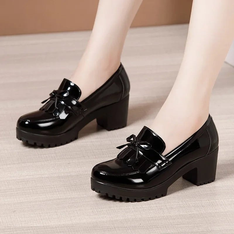 6cm Small Size 33 - 43 Tassel Med Block Heels Pumps Women Patent Leather Shoes 2025 - Street Savage Culture6cm Small Size 33 - 43 Tassel Med Block Heels Pumps Women Patent Leather Shoes 2025