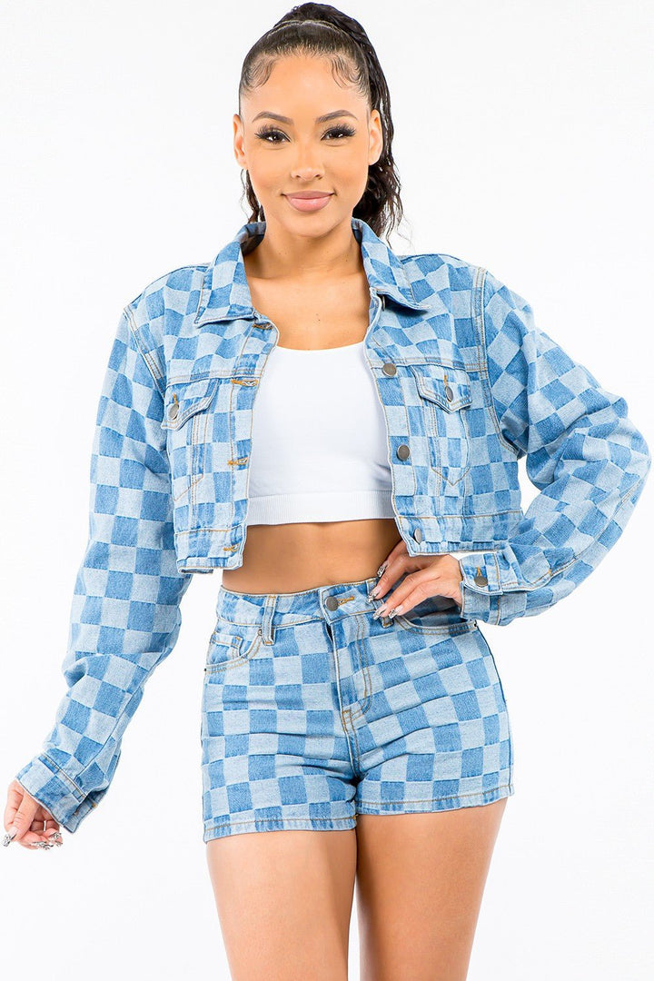 American Bazi Checkered Long Sleeve Cropped Denim Jacket - Fashion TechAmerican Bazi Checkered Long Sleeve Cropped Denim Jacket