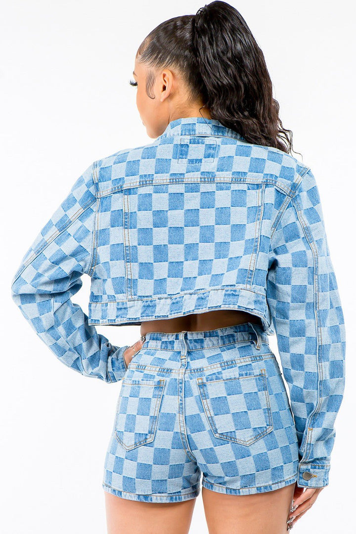 American Bazi Checkered Long Sleeve Cropped Denim Jacket - Fashion TechAmerican Bazi Checkered Long Sleeve Cropped Denim Jacket