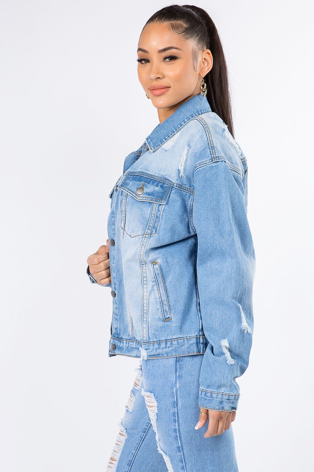 American Bazi Graphic Distressed Long Sleeve Denim Jacket - Fashion TechAmerican Bazi Graphic Distressed Long Sleeve Denim Jacket