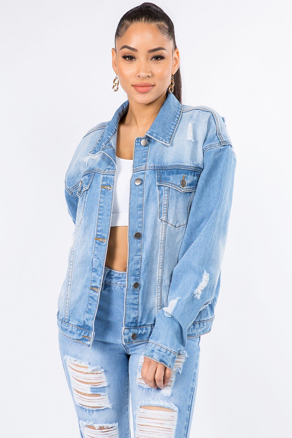 American Bazi Graphic Distressed Long Sleeve Denim Jacket - Fashion TechAmerican Bazi Graphic Distressed Long Sleeve Denim Jacket