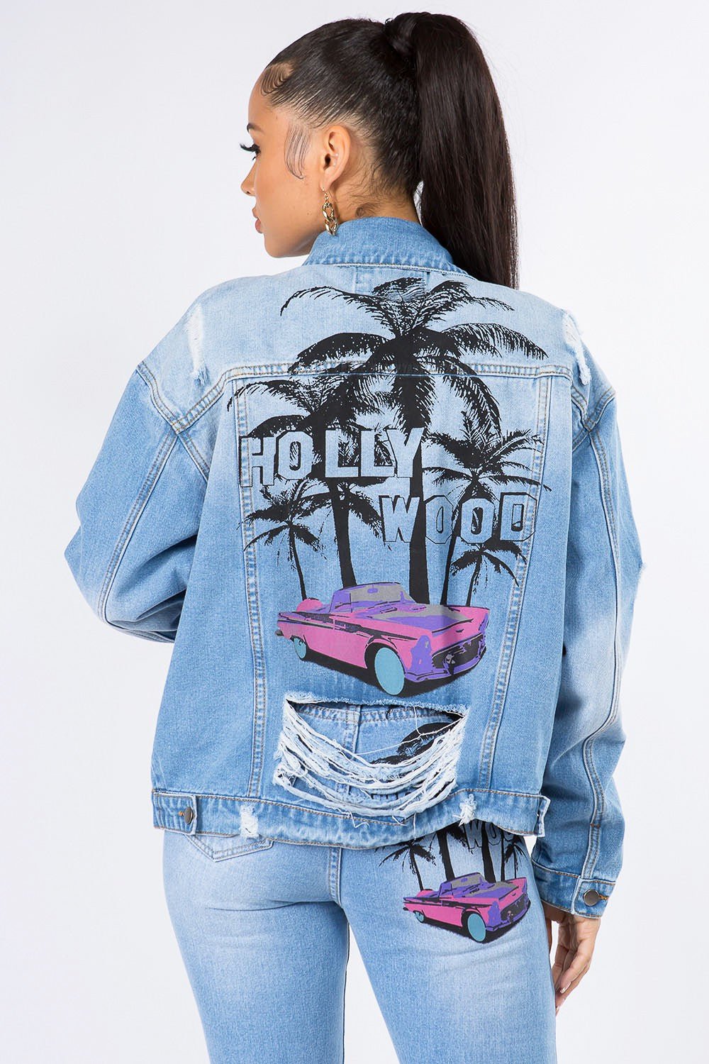 American Bazi Graphic Distressed Long Sleeve Denim Jacket - Fashion TechAmerican Bazi Graphic Distressed Long Sleeve Denim Jacket