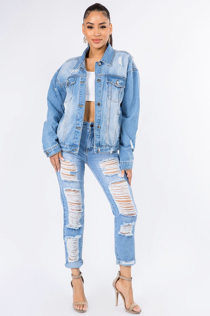 American Bazi Graphic Distressed Long Sleeve Denim Jacket - Fashion TechAmerican Bazi Graphic Distressed Long Sleeve Denim Jacket