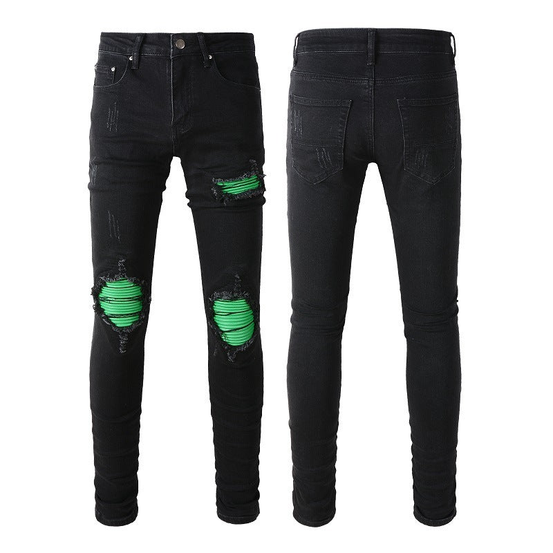 American Street Washing Process Green Patch Jeans - Street Savage CultureAmerican Street Washing Process Green Patch Jeans