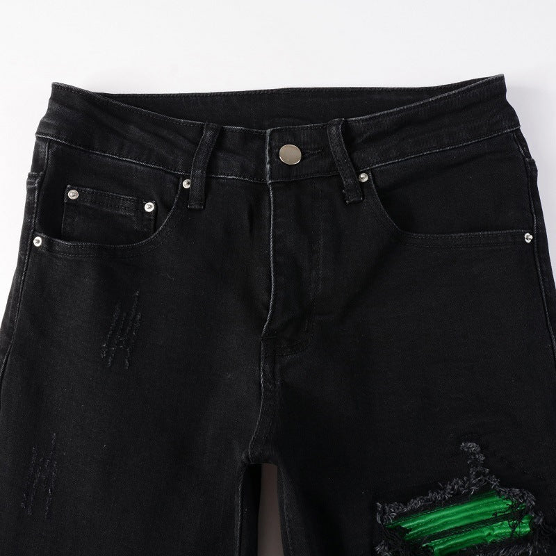 American Street Washing Process Green Patch Jeans - Street Savage CultureAmerican Street Washing Process Green Patch Jeans