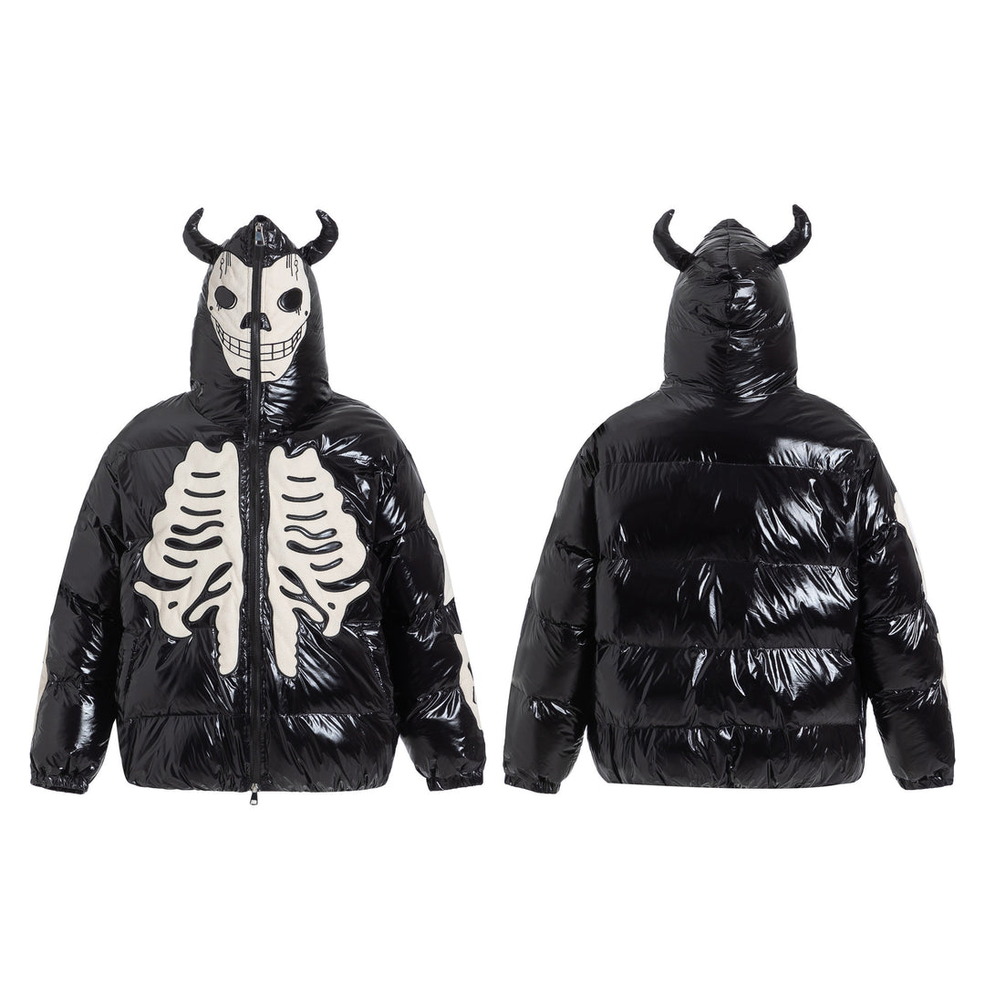 Flocking Embroidery Skeleton Hooded Cotton Coat