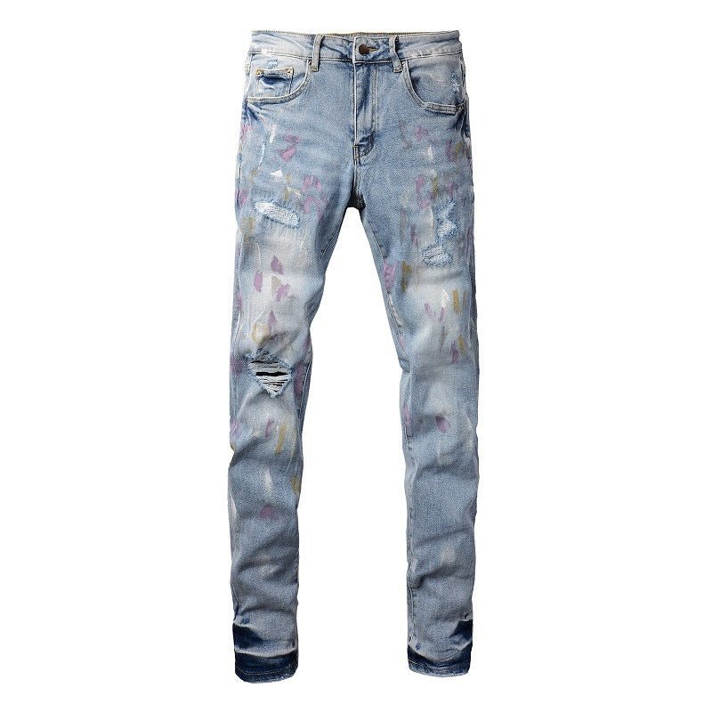 European And American Autumn Retro Colorful Paint - splashing Style Graffiti Stretch Men's Jeans - Street Savage CultureEuropean And American Autumn Retro Colorful Paint - splashing Style Graffiti Stretch Men's Jeans