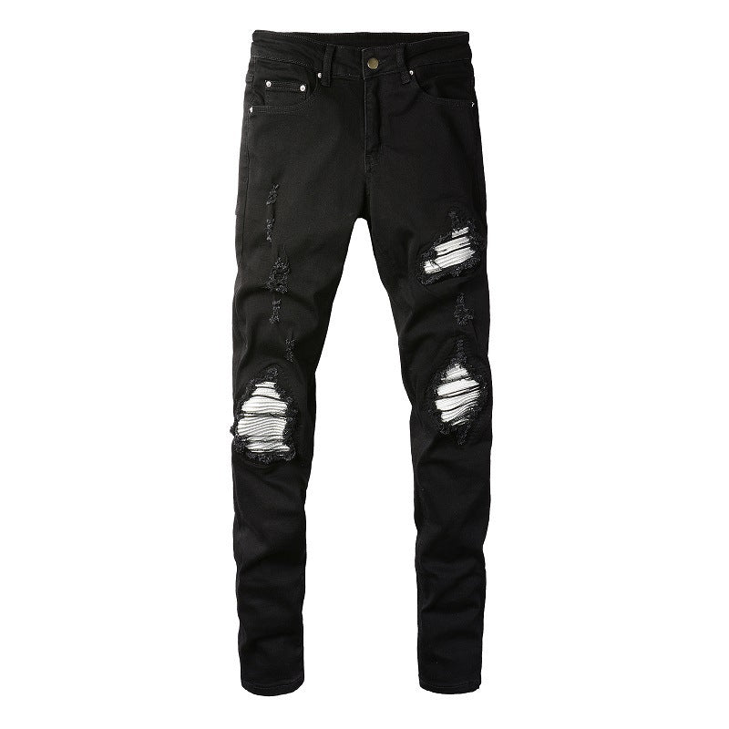 European And American Men's Slim - fit Ripped Silver Patch Jeans - Street Savage CultureEuropean And American Men's Slim - fit Ripped Silver Patch Jeans