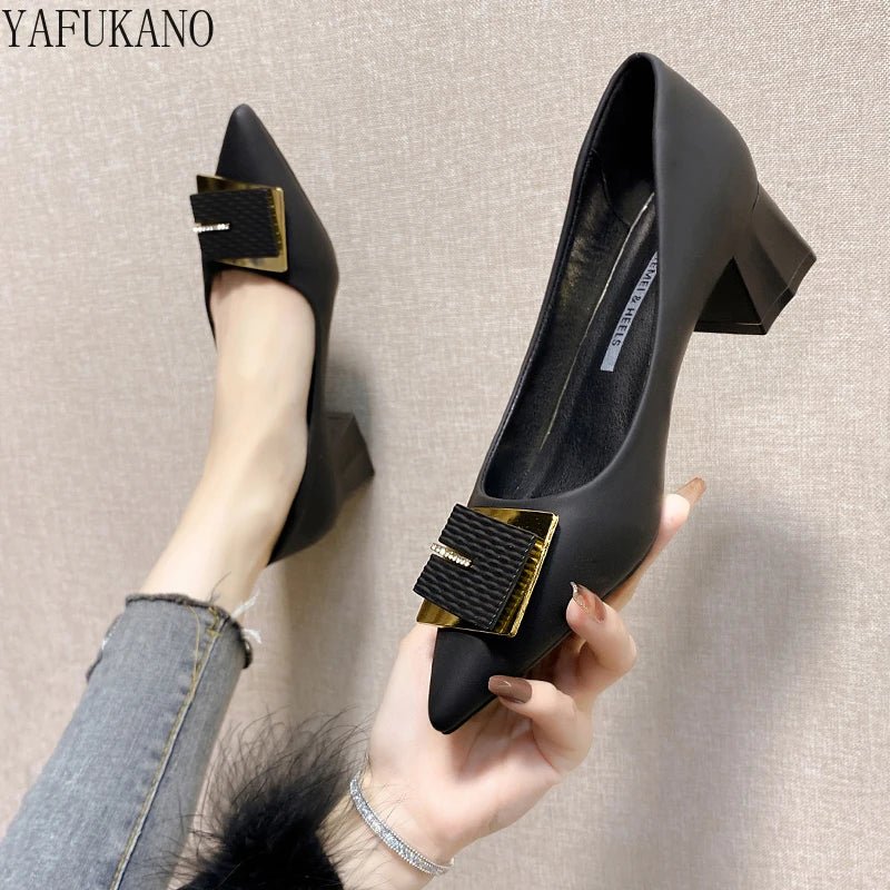 French Pointed Toe Chunky Heel High Heels Fashion Metal Decor - Street Savage CultureFrench Pointed Toe Chunky Heel High Heels Fashion Metal Decor