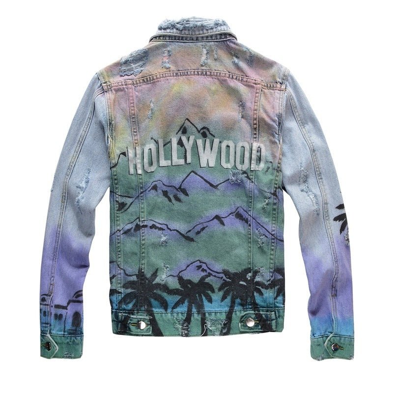 Graffiti Digital Print Slim Jacket Men Trendy Punk Denim Jacket - Street Savage CultureGraffiti Digital Print Slim Jacket Men Trendy Punk Denim Jacket