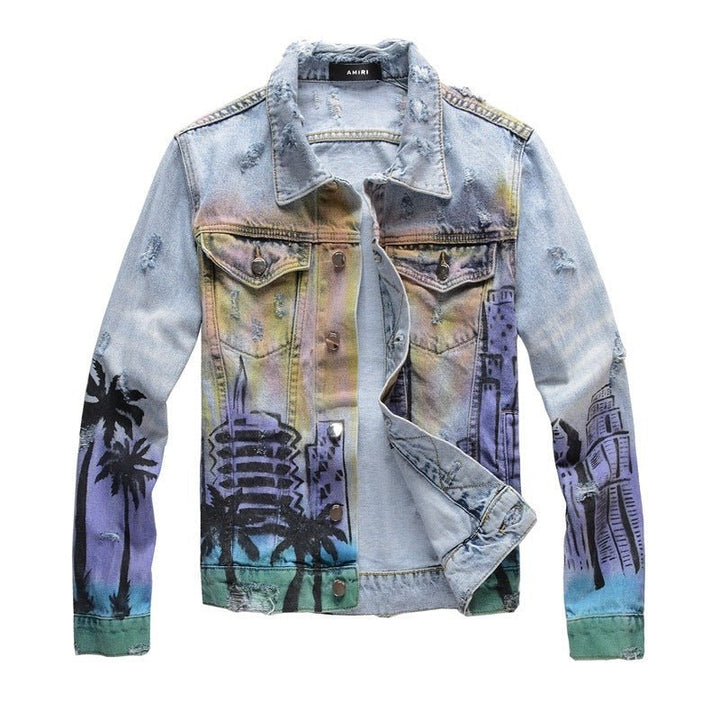 Graffiti Digital Print Slim Jacket Men Trendy Punk Denim Jacket - Street Savage CultureGraffiti Digital Print Slim Jacket Men Trendy Punk Denim Jacket