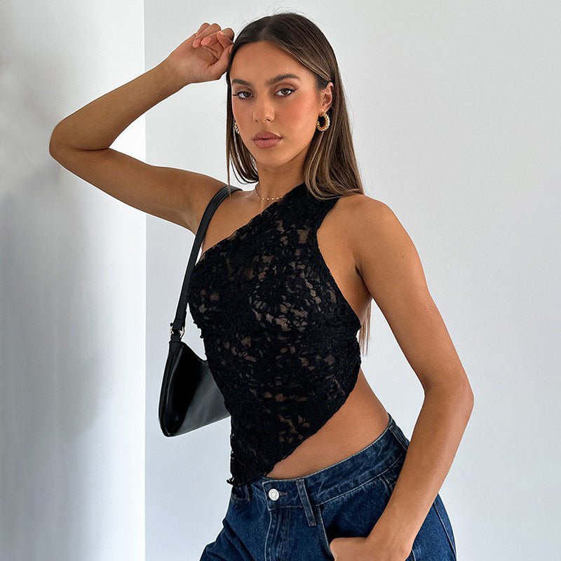 Ins Lace Backless Top Summer Solid Color Waistless Asymmetrical Sloped Neck Vest Streetwear Womens Clothes - Fashion TechIns Lace Backless Top Summer Solid Color Waistless Asymmetrical Sloped Neck Vest Streetwear Womens Clothes