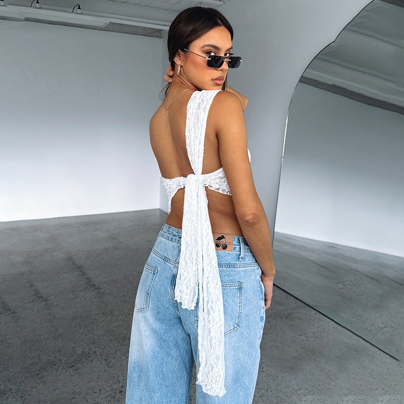 Ins Lace Backless Top Summer Solid Color Waistless Asymmetrical Sloped Neck Vest Streetwear Womens Clothes - Fashion TechIns Lace Backless Top Summer Solid Color Waistless Asymmetrical Sloped Neck Vest Streetwear Womens Clothes