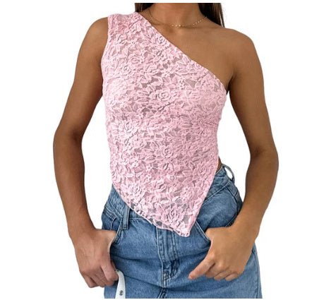 Ins Lace Backless Top Summer Solid Color Waistless Asymmetrical Sloped Neck Vest Streetwear Womens Clothes - Fashion TechIns Lace Backless Top Summer Solid Color Waistless Asymmetrical Sloped Neck Vest Streetwear Womens Clothes