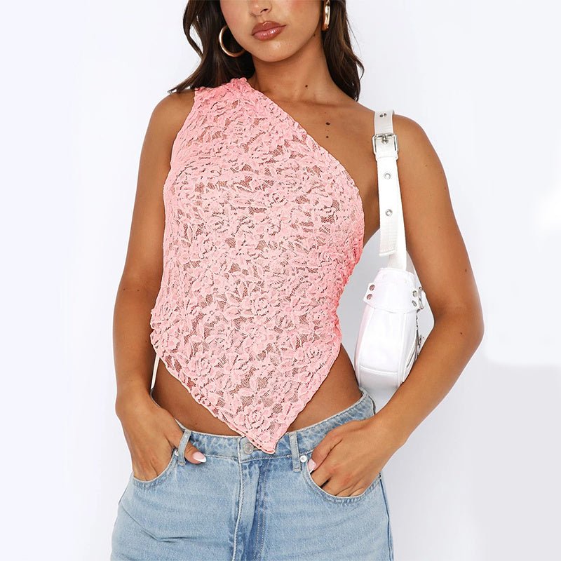 Ins Lace Backless Top Summer Solid Color Waistless Asymmetrical Sloped Neck Vest Streetwear Womens Clothes - Fashion TechIns Lace Backless Top Summer Solid Color Waistless Asymmetrical Sloped Neck Vest Streetwear Womens Clothes