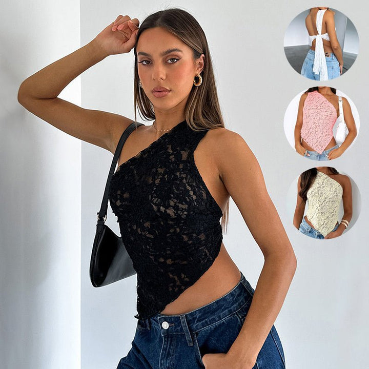 Ins Lace Backless Top Summer Solid Color Waistless Asymmetrical Sloped Neck Vest Streetwear Womens Clothes - Fashion TechIns Lace Backless Top Summer Solid Color Waistless Asymmetrical Sloped Neck Vest Streetwear Womens Clothes