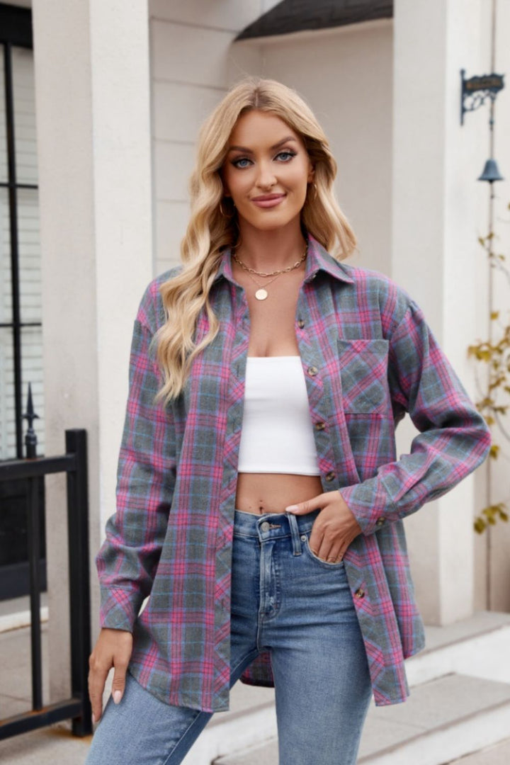 Mandy Pocketed Plaid Collared Neck Long Sleeve Shirt - Fashion TechMandy Pocketed Plaid Collared Neck Long Sleeve Shirt