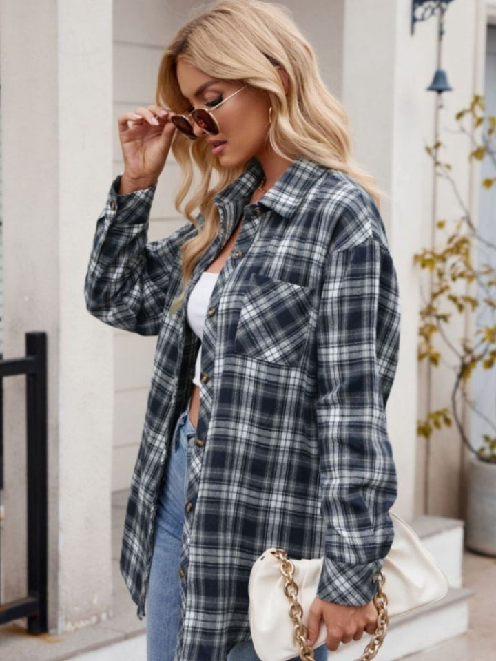 Mandy Pocketed Plaid Collared Neck Long Sleeve Shirt - Fashion TechMandy Pocketed Plaid Collared Neck Long Sleeve Shirt