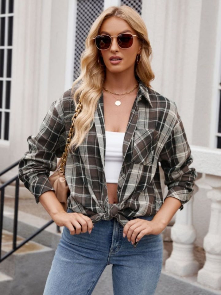 Mandy Pocketed Plaid Collared Neck Long Sleeve Shirt - Fashion TechMandy Pocketed Plaid Collared Neck Long Sleeve Shirt