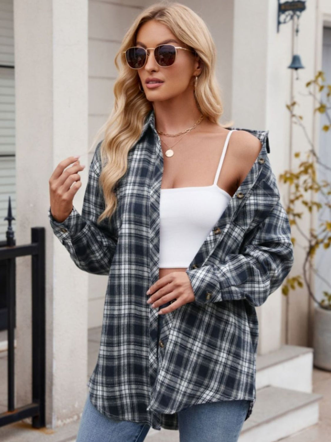 Mandy Pocketed Plaid Collared Neck Long Sleeve Shirt - Fashion TechMandy Pocketed Plaid Collared Neck Long Sleeve Shirt