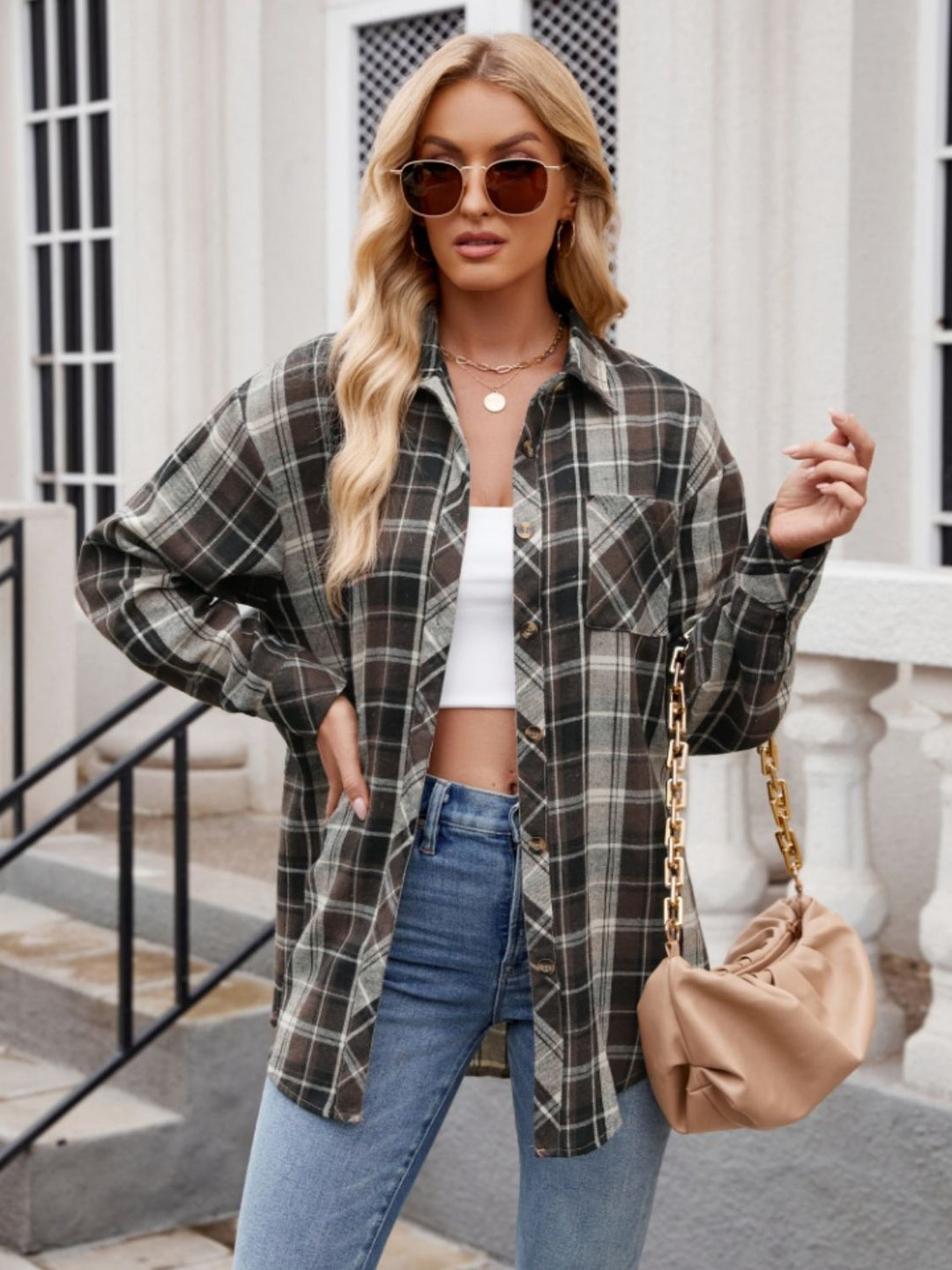 Mandy Pocketed Plaid Collared Neck Long Sleeve Shirt - Fashion TechMandy Pocketed Plaid Collared Neck Long Sleeve Shirt