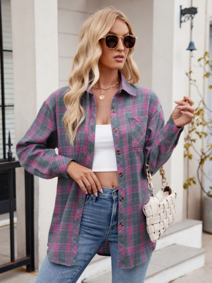 Mandy Pocketed Plaid Collared Neck Long Sleeve Shirt - Fashion TechMandy Pocketed Plaid Collared Neck Long Sleeve Shirt