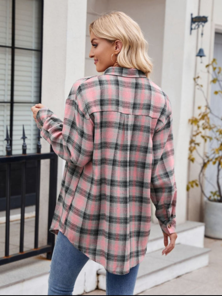 Mandy Pocketed Plaid Collared Neck Long Sleeve Shirt - Fashion TechMandy Pocketed Plaid Collared Neck Long Sleeve Shirt