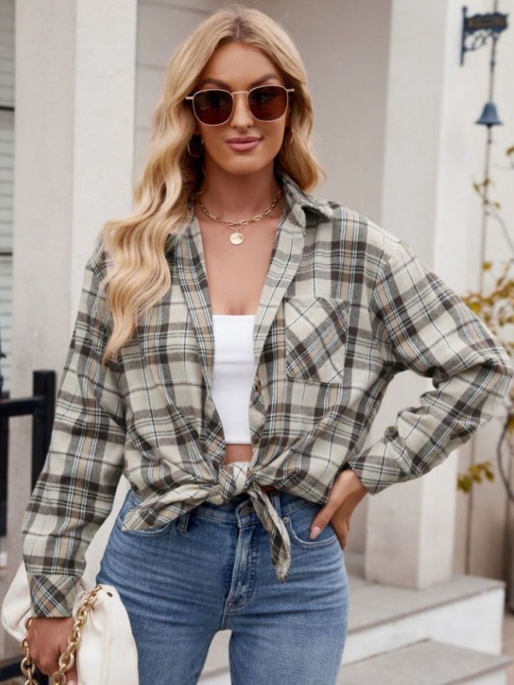 Mandy Pocketed Plaid Collared Neck Long Sleeve Shirt - Fashion TechMandy Pocketed Plaid Collared Neck Long Sleeve Shirt