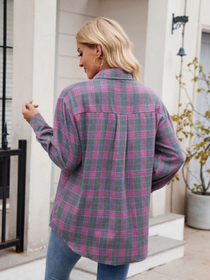 Mandy Pocketed Plaid Collared Neck Long Sleeve Shirt - Fashion TechMandy Pocketed Plaid Collared Neck Long Sleeve Shirt