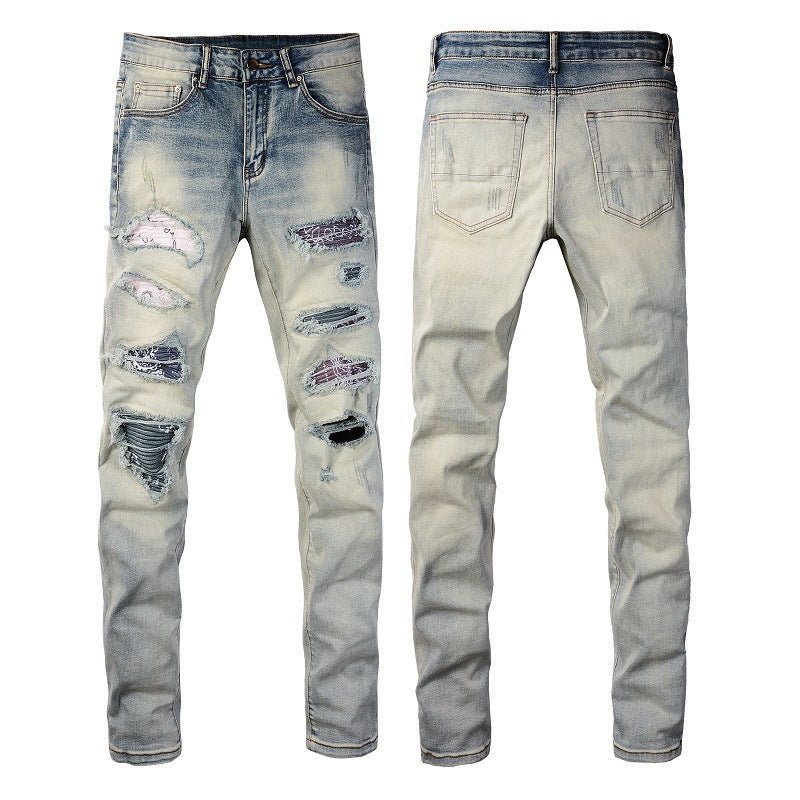 Men's Broken Holes Pants High Street Fashion Brand Patch Beggar Knee - exposed Jeans - Street Savage CultureMen's Broken Holes Pants High Street Fashion Brand Patch Beggar Knee - exposed Jeans