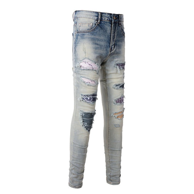 Men's Broken Holes Pants High Street Fashion Brand Patch Beggar Knee - exposed Jeans - Street Savage CultureMen's Broken Holes Pants High Street Fashion Brand Patch Beggar Knee - exposed Jeans