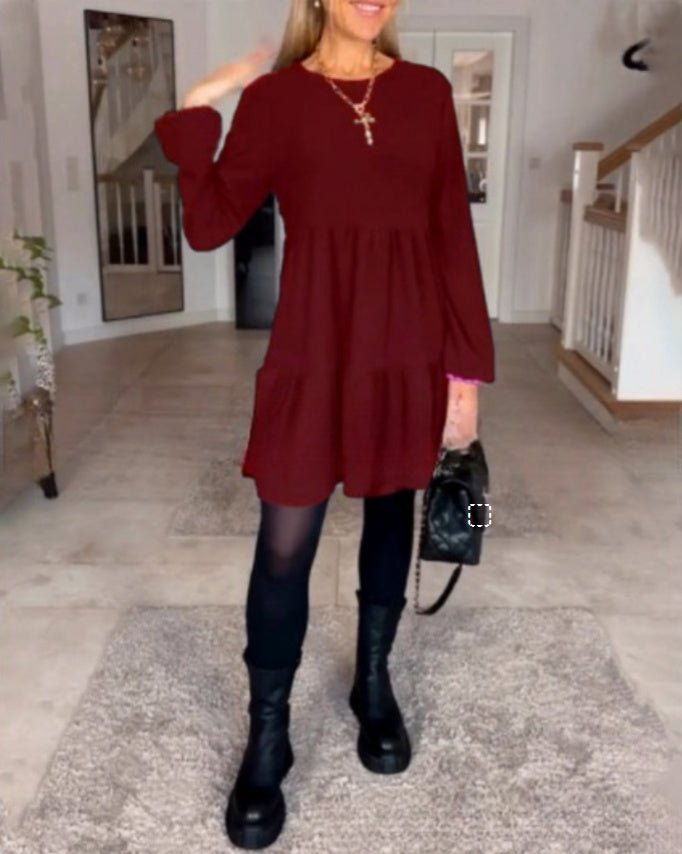 Round Neck Solid Color Stitching Long Sleeve Loose Dress Women - Street Savage CultureRound Neck Solid Color Stitching Long Sleeve Loose Dress Women