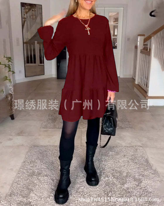 Round Neck Solid Color Stitching Long Sleeve Loose Dress Women - Street Savage CultureRound Neck Solid Color Stitching Long Sleeve Loose Dress Women