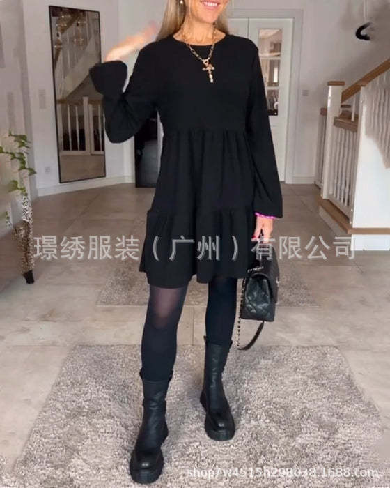 Round Neck Solid Color Stitching Long Sleeve Loose Dress Women - Street Savage CultureRound Neck Solid Color Stitching Long Sleeve Loose Dress Women