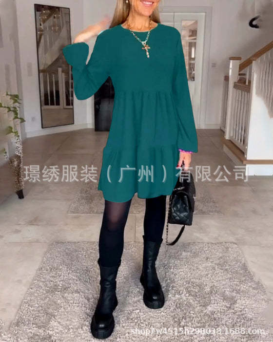 Round Neck Solid Color Stitching Long Sleeve Loose Dress Women - Street Savage CultureRound Neck Solid Color Stitching Long Sleeve Loose Dress Women