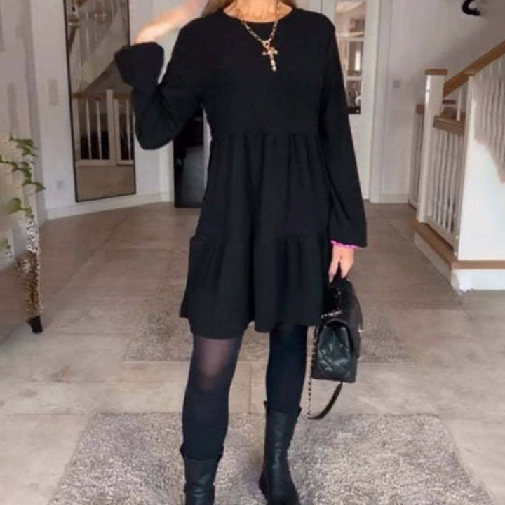 Round Neck Solid Color Stitching Long Sleeve Loose Dress Women - Street Savage CultureRound Neck Solid Color Stitching Long Sleeve Loose Dress Women