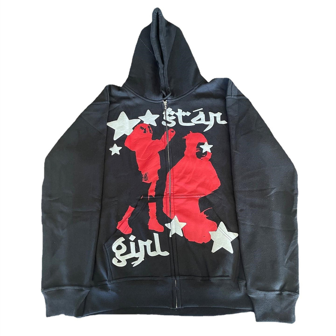 Street Hip Hop Star Print Black Zip Hoodie Sweatshirt Women - Street Savage CultureStreet Hip Hop Star Print Black Zip Hoodie Sweatshirt Women