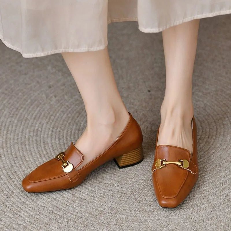 Women High Heels Retro Brown Metal Buckle Heels Slip - on Pumps - Street Savage CultureWomen High Heels Retro Brown Metal Buckle Heels Slip - on Pumps