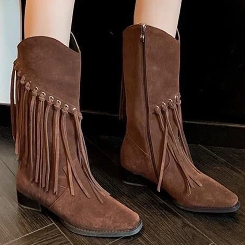 Women Tassel Suede Mid Calf High Boots Zipper Chelsea Boots 2025 - Street Savage CultureWomen Tassel Suede Mid Calf High Boots Zipper Chelsea Boots 2025