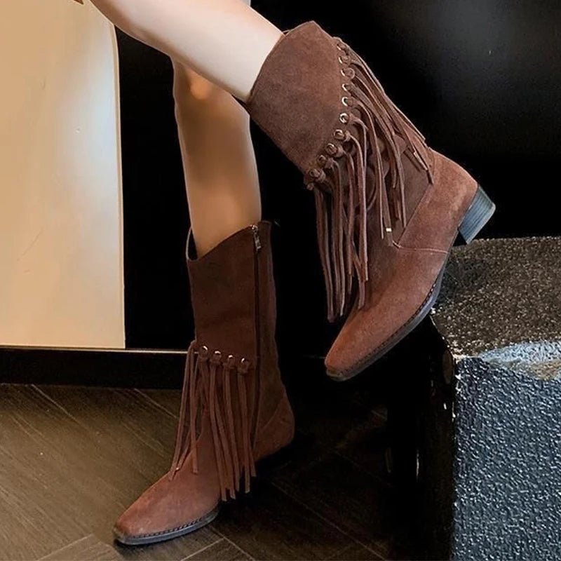 Women Tassel Suede Mid Calf High Boots Zipper Chelsea Boots 2025 - Street Savage CultureWomen Tassel Suede Mid Calf High Boots Zipper Chelsea Boots 2025