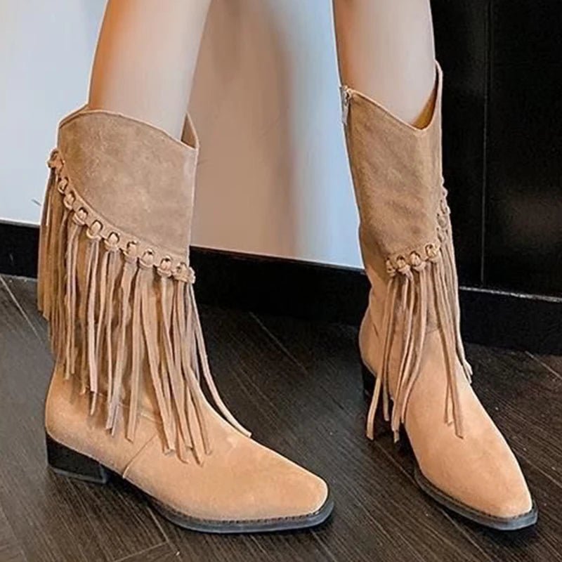 Women Tassel Suede Mid Calf High Boots Zipper Chelsea Boots 2025 - Street Savage CultureWomen Tassel Suede Mid Calf High Boots Zipper Chelsea Boots 2025